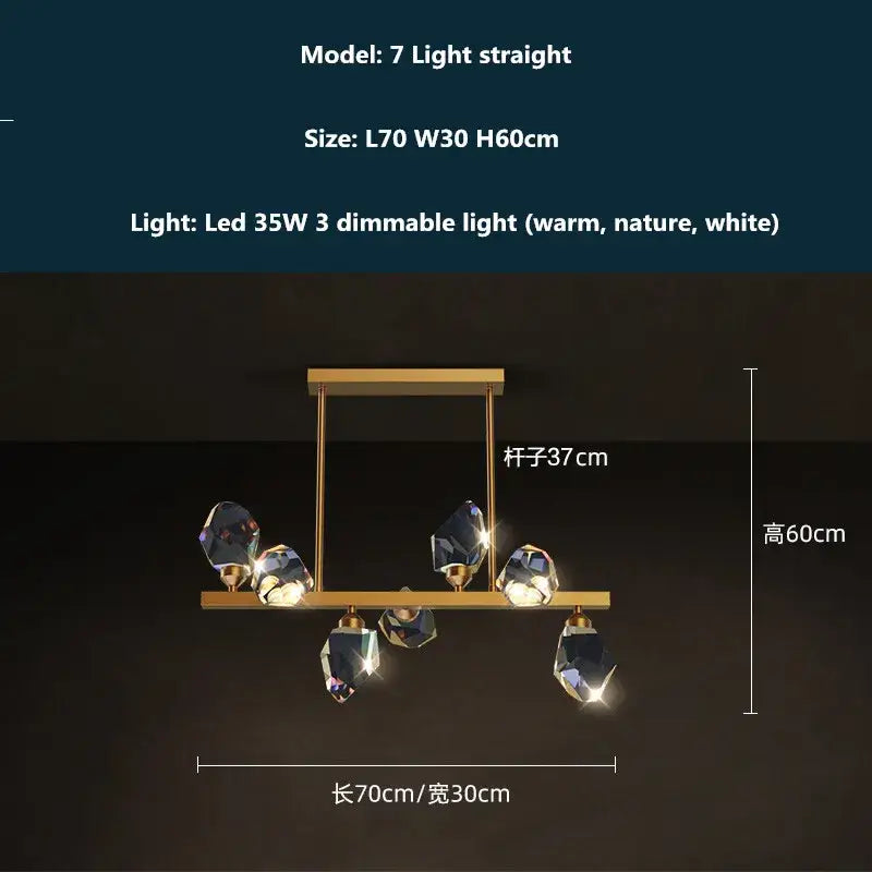 Modern gold and blue dimmable crystal chandelier with seven faceted pendants for dining room decorbites copper led light