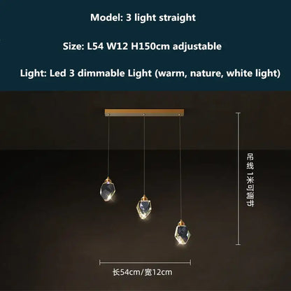 Modern gold and blue dimmable crystal chandelier with three faceted shades and decorbites copper led adjustable lighting