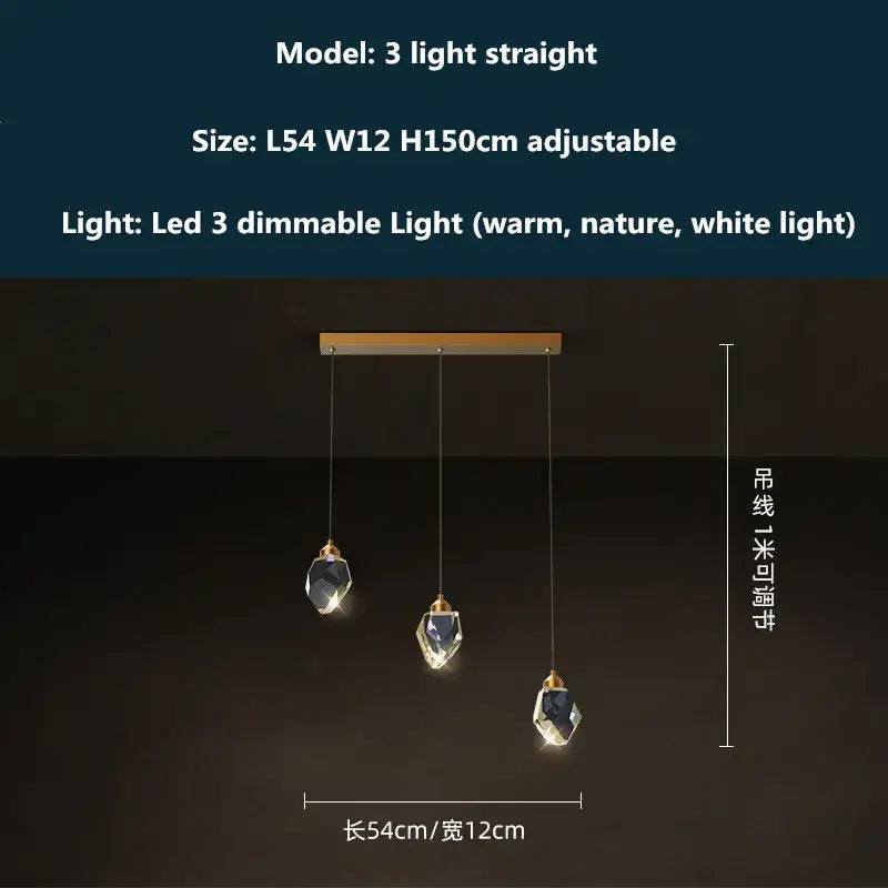 Modern gold and blue dimmable crystal chandelier with three faceted shades and decorbites copper led adjustable lighting