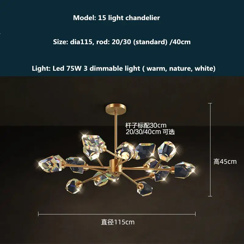 Modern gold and blue dimmable crystal chandelier with 15 lights featuring faceted crystals and dark blue gemstones by decorbites copper led