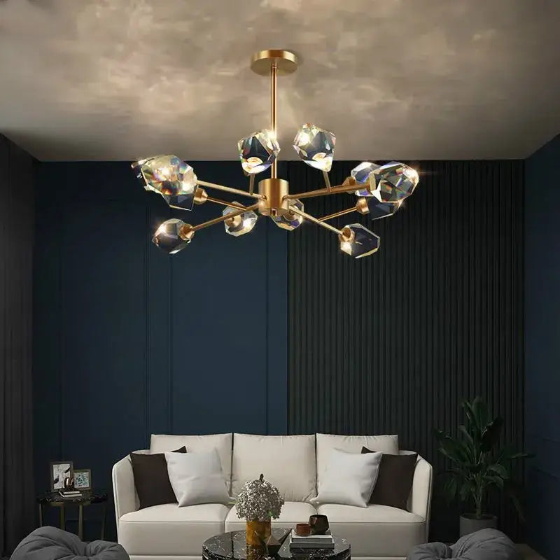 Modern gold and blue dimmable crystal chandelier with gold-toned frame and faceted crystal pendants for dining room decorbites copper led