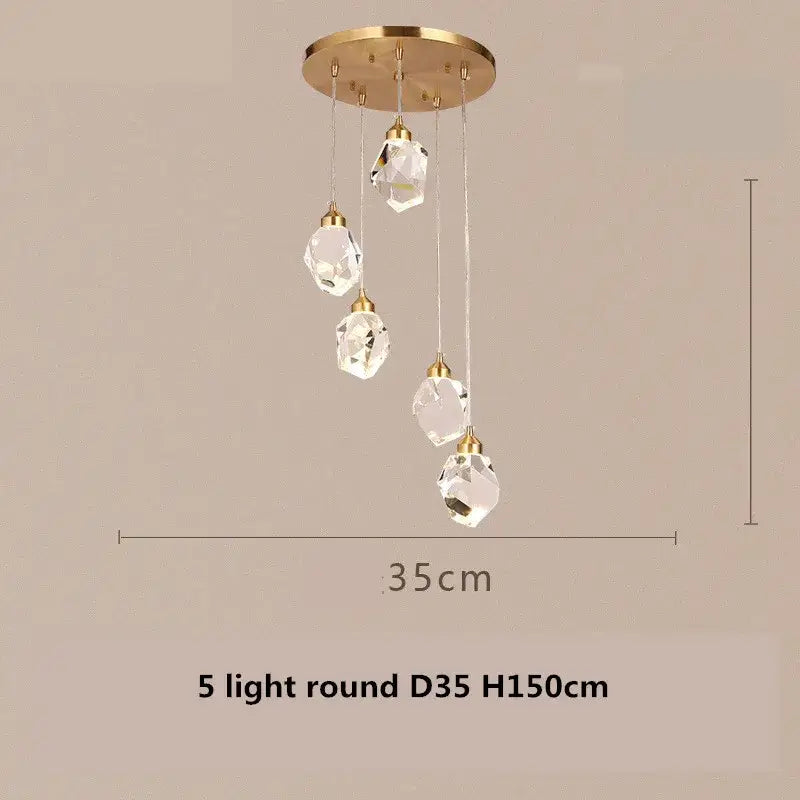 Modern gold and blue dimmable crystal chandelier with five clear faceted pendants from decorbites copper led collection