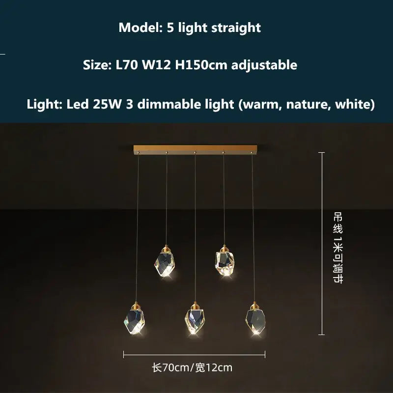 Five-light gold-toned metal dimmable crystal chandelier with glass shades for modern dining room decorbites copper led