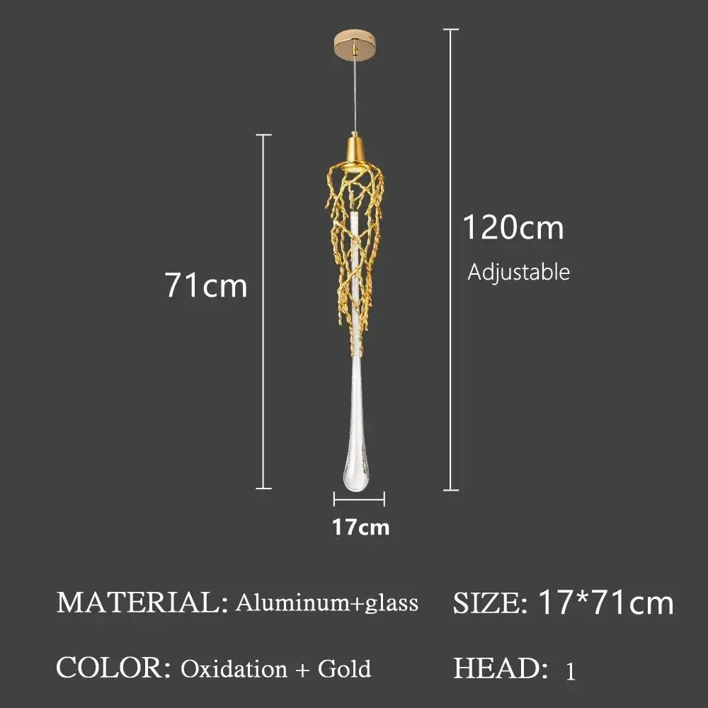 Modern gold branch art cage crystal chandelier with gold and oxidized aluminum pendant light and glass teardrop shade