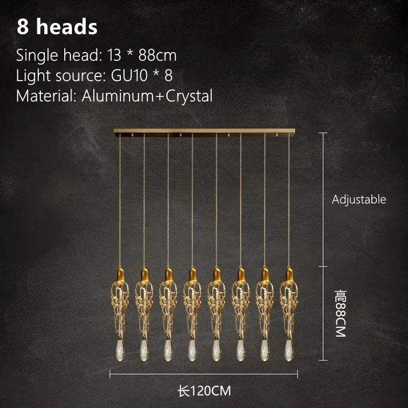 Modern gold branch art cage crystal chandelier with eight ornate gold-toned pendant lights for dining room decor