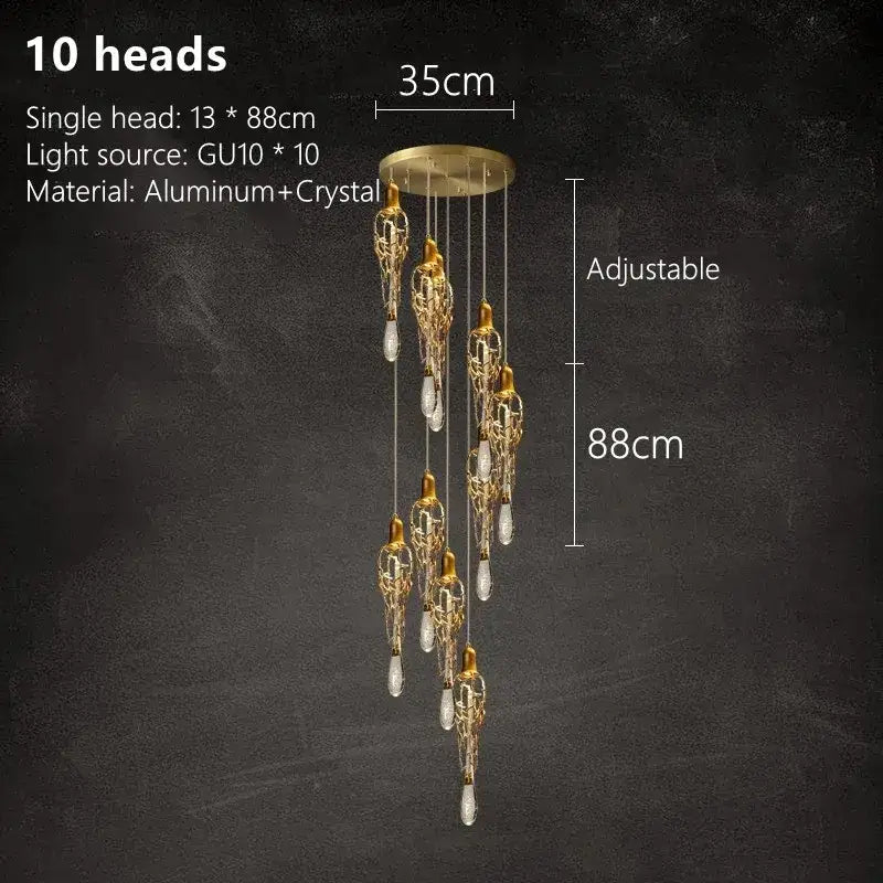 Modern gold branch art cage crystal chandelier with ten ornate pendant lights and adjustable aluminum ceiling mount