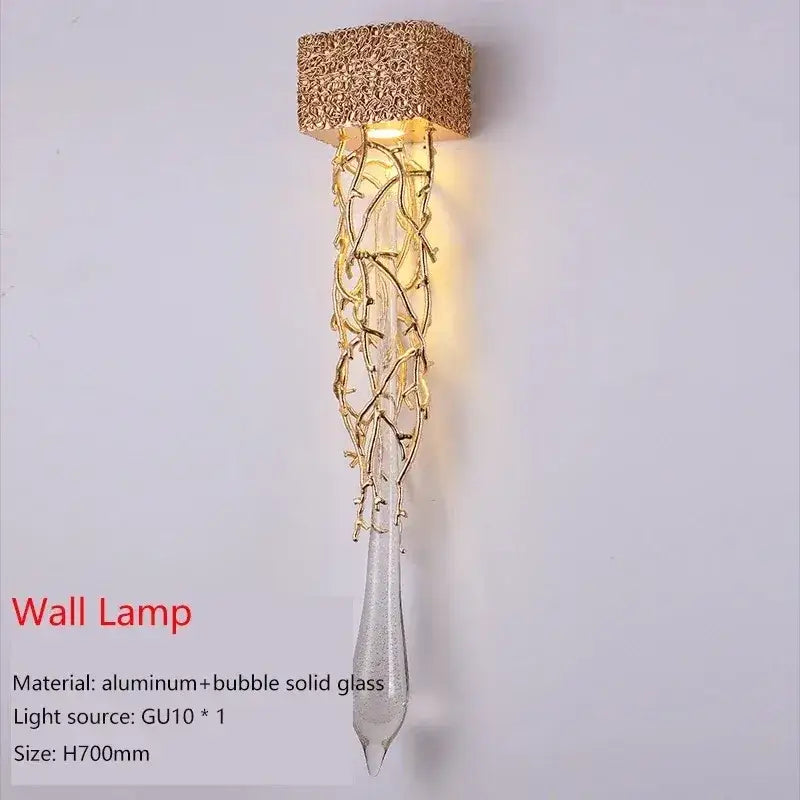 Modern gold branch art cage crystal chandelier wall lamp with textured square top and clear glass teardrop base