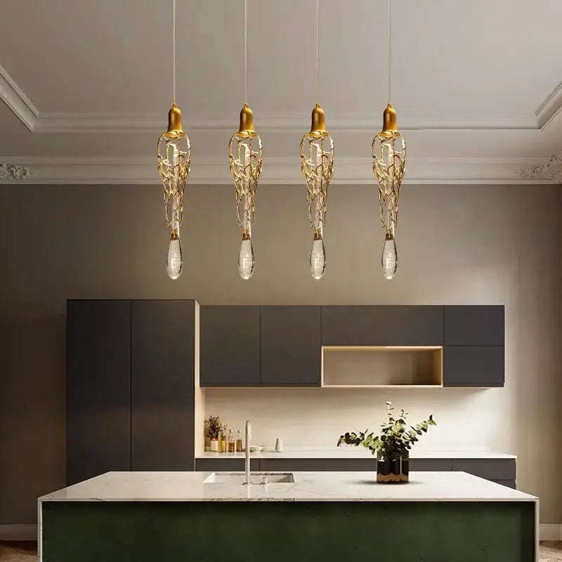 Modern gold branch art cage crystal chandelier with intricate leaf metalwork and clear droplets for dining room decorbites branch art