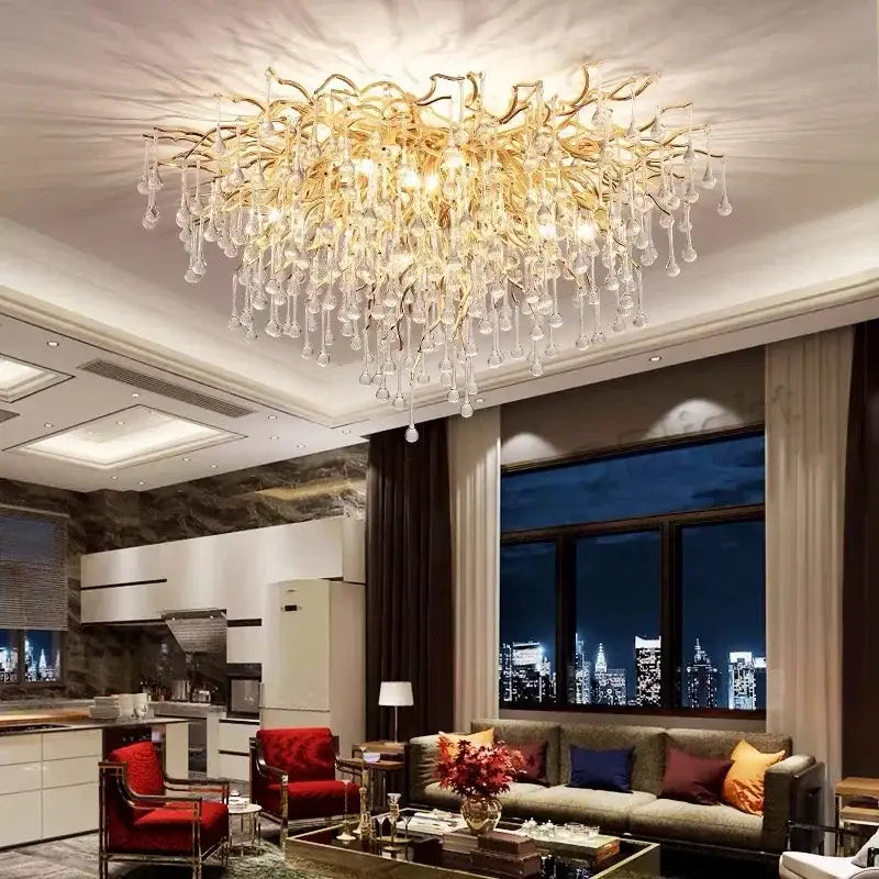 Modern gold branch crystal ceiling chandelier with dangling crystal droplets by decorbites for elegant living room decorbites crystal ceiling