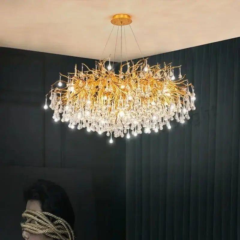 Modern gold branch crystal ceiling chandelier with cascading clear crystal droplets for living room decorbites crystal ceiling