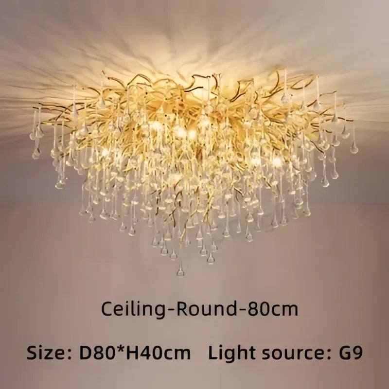 Modern gold branch crystal ceiling chandelier with dangling crystal droplets for living room decorbites crystal ceiling light