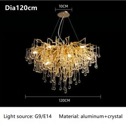 Modern gold branch crystal ceiling chandelier with aluminum and crystal droplets for living room decorbites crystal ceiling
