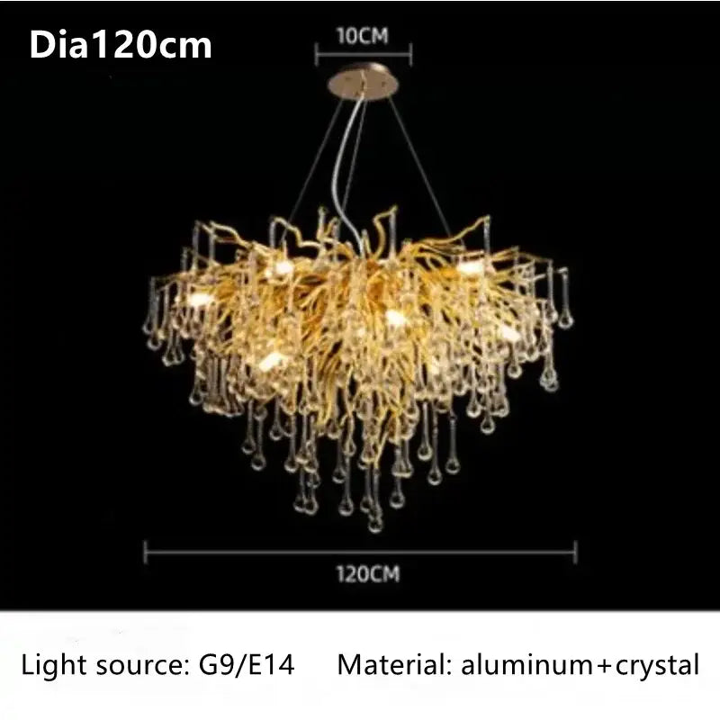 Modern gold branch crystal ceiling chandelier with aluminum and crystal droplets for living room decorbites crystal ceiling