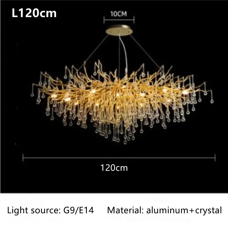 Modern gold branch crystal ceiling chandelier with dangling crystal droplets crafted from aluminum for living room decorbites crystal ceiling use