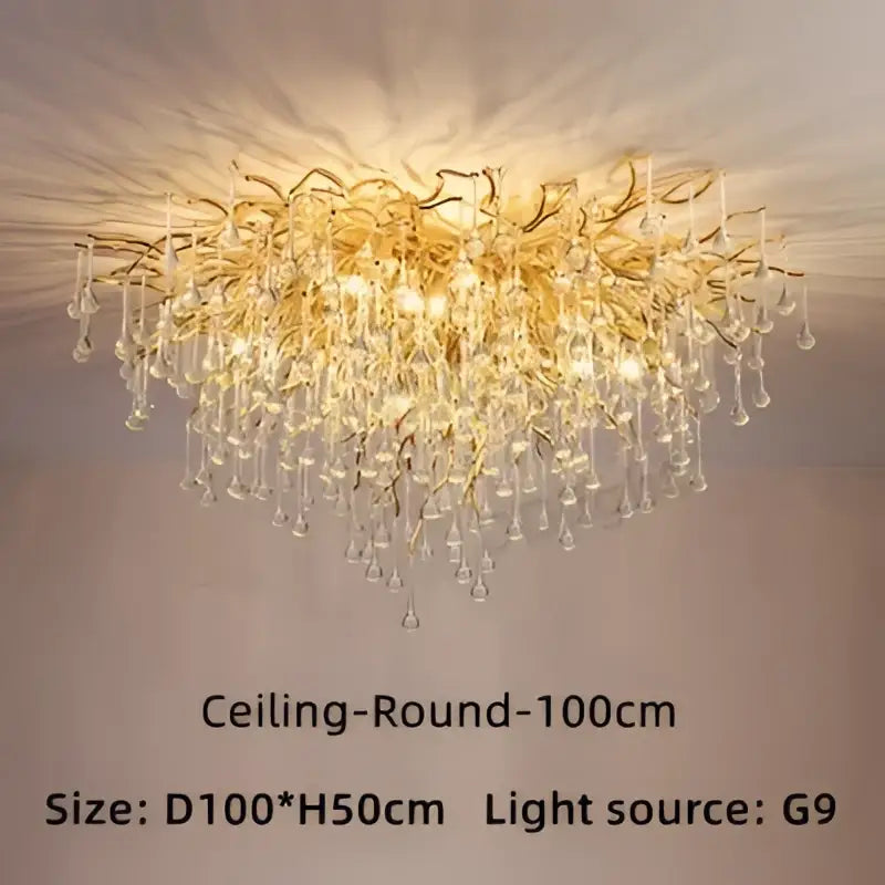Modern gold branch crystal ceiling chandelier with dangling crystal droplets for living room decor by decorbites crystal ceiling