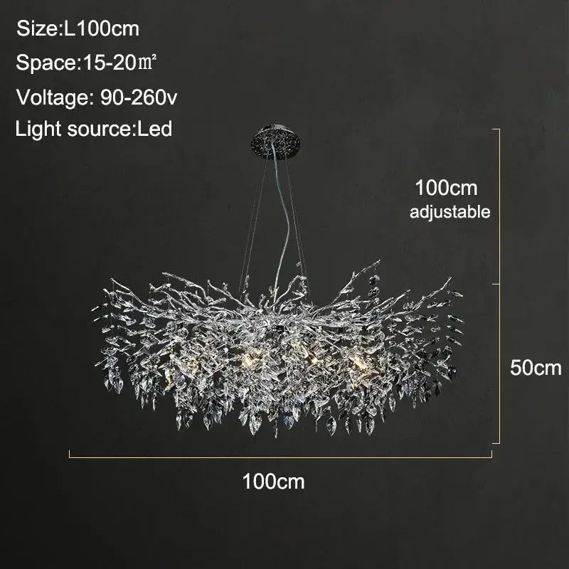 Modern gold branch crystal chandelier featuring a 100cm adjustable LED design with chrome and crystal leaves decorbites branch crystal