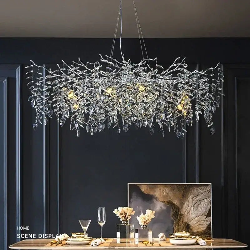 Modern gold branch crystal chandelier with clear crystal leaves and LED lights for elegant dining room decorbites branch crystal