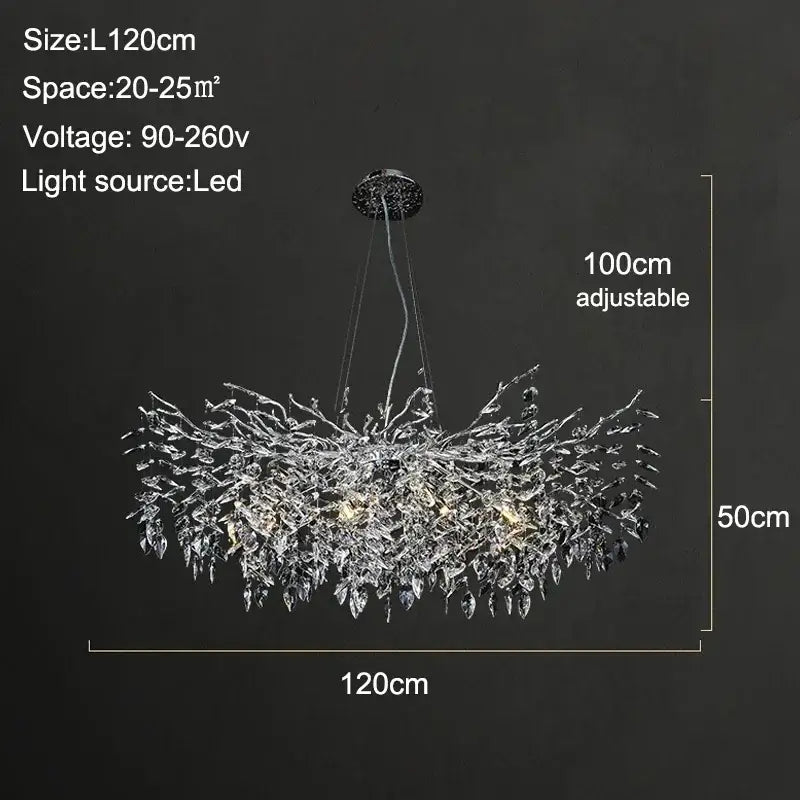 Modern gold branch crystal chandelier featuring a sparkling silver crystal design with adjustable height for dining room decorbites branch crystal lighting
