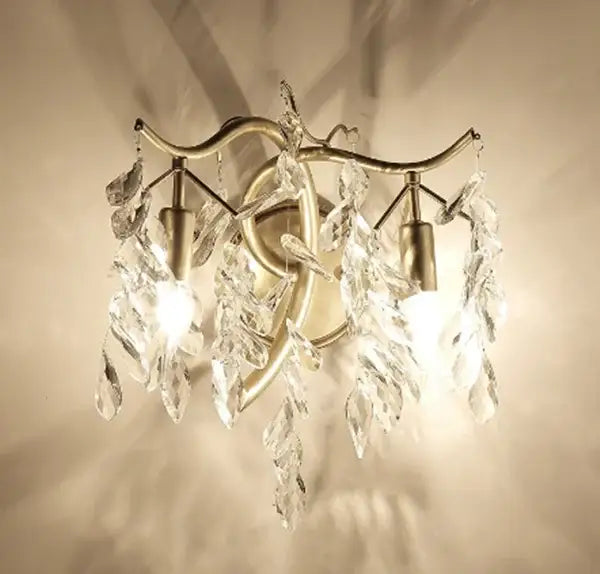 Modern gold branch crystal led wall light with clear crystal leaves and two illuminated fixtures for living room decorbites crystal led