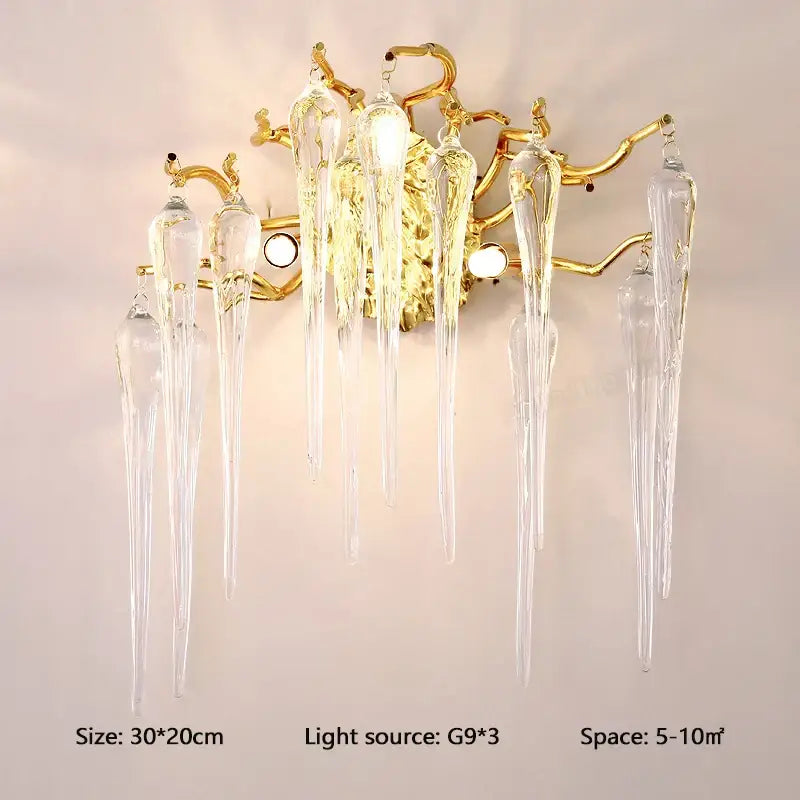 Elegant gold branch crystal led wall light with clear icicle glass shades and ornate brass frame for living room decorbites crystal led