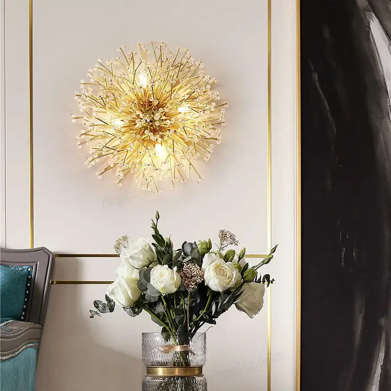 Modern gold branch crystal led wall light featuring gold-toned spherical sconce with decorbites crystal led accents