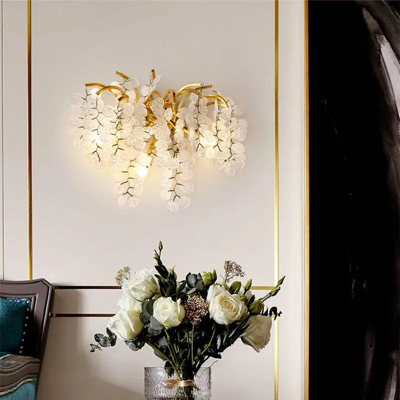 Modern gold branch crystal led wall light featuring gold-toned sconce with cascading white glass grapevine clusters for decorbites crystal led decor