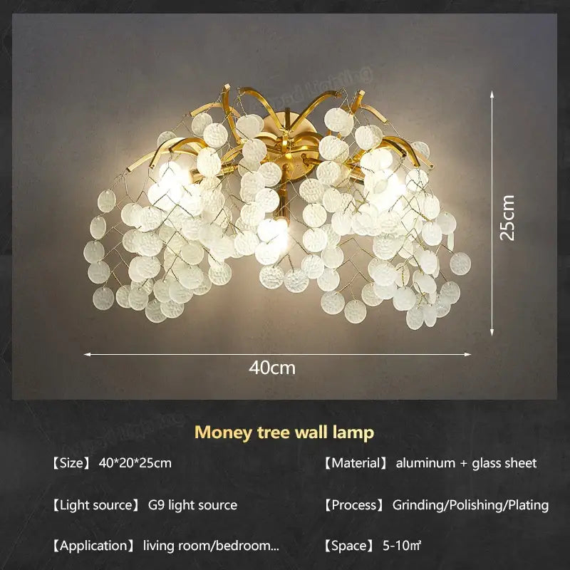 Modern gold branch crystal led wall light with gold-toned money tree design and cascading white glass discs decorbites crystal led