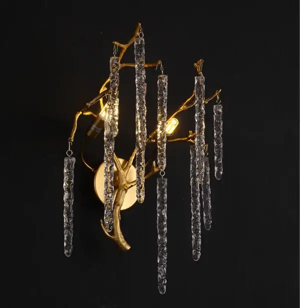 Modern gold branch crystal led wall light with clear textured glass icicle pendants for living room decorbites crystal led