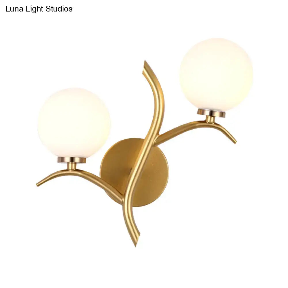 Modern gold branch wall light fixture with two frosted glass shades metal sconce for living room lighting