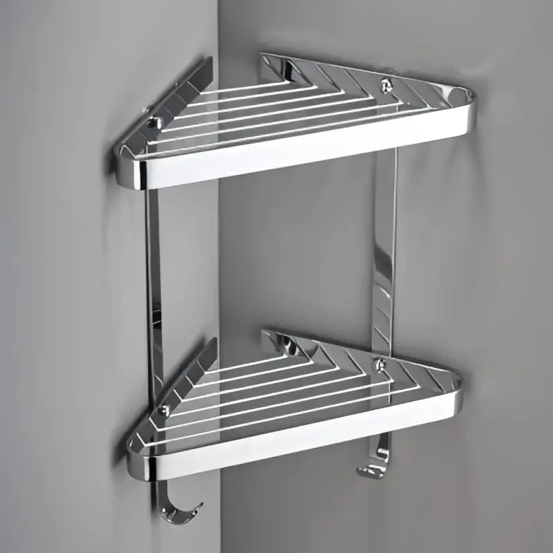Modern gold brass bathroom shower rack with chrome finish triangular two-tier shelf and integrated hooks by decorbites brass bathroom
