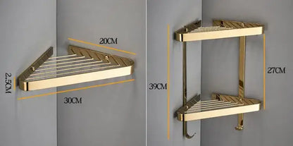 Modern gold brass bathroom shower rack with two tiers and integrated hooks for efficient bathroom organization decorbites brass bathroom