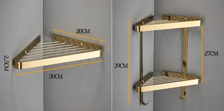 Modern gold brass bathroom shower rack with two tiers and integrated hooks for efficient bathroom organization decorbites brass bathroom