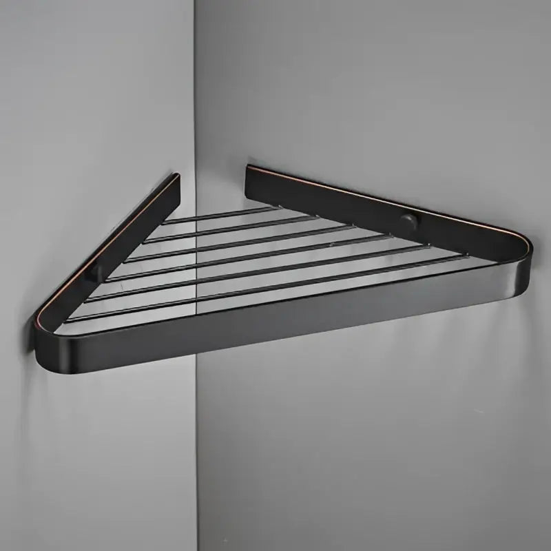 Dark bronze triangular corner shelf with wire mesh design for modern gold brass bathroom shower rack decorbites brass bathroom