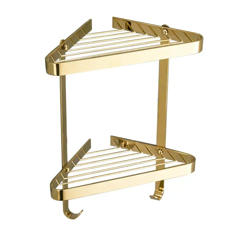 Modern gold brass bathroom shower rack with hooks features a double-tier wire mesh shelf for brass bathroom shower decorbites