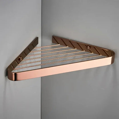 Modern gold brass bathroom shower rack with hooks featuring a rose gold triangular corner shelf and polished metal finish