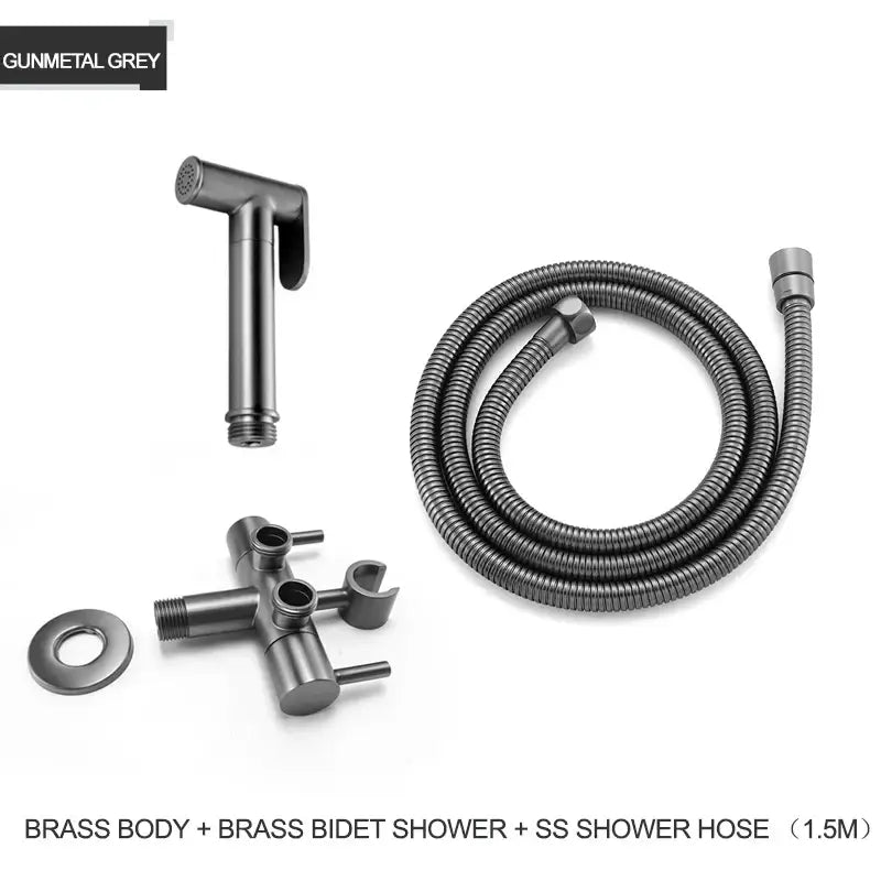 Modern gold brass bidet shower head with double valve and gunmetal grey brass shower head with flexible stainless steel hose