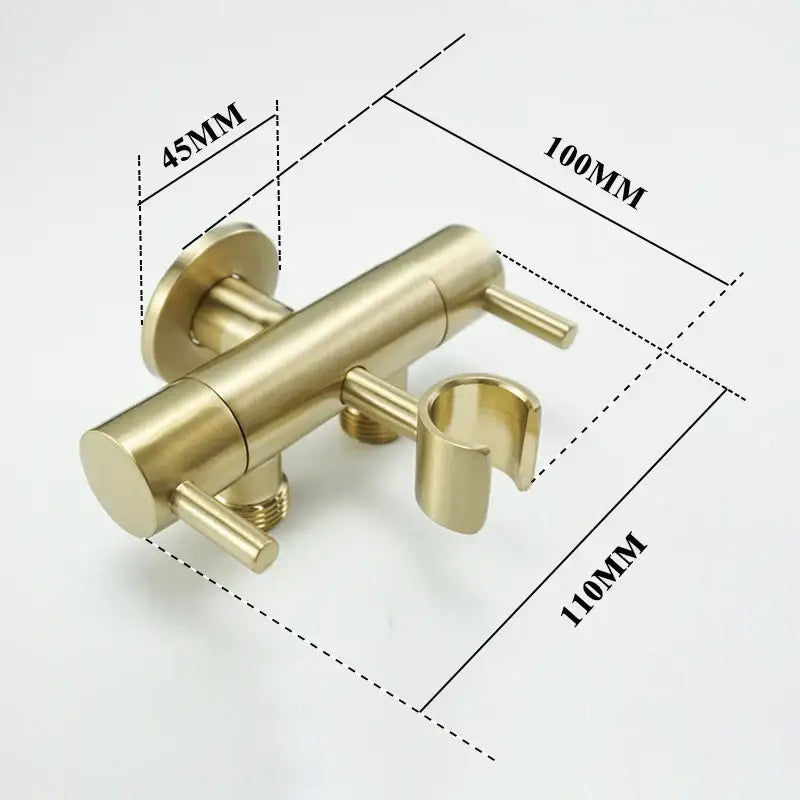 Modern gold brass bidet shower head with double valve featuring dual handles and integrated shower head holder for bathroom use