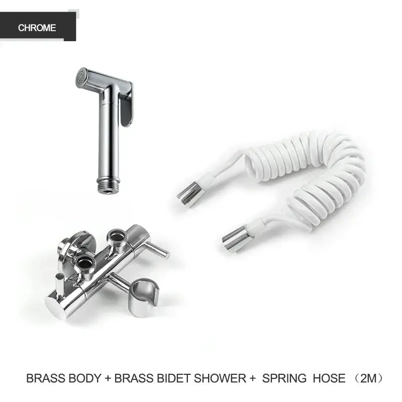 Modern gold brass bidet shower head with double valve and chrome finish featuring a sleek angular design and spring hose