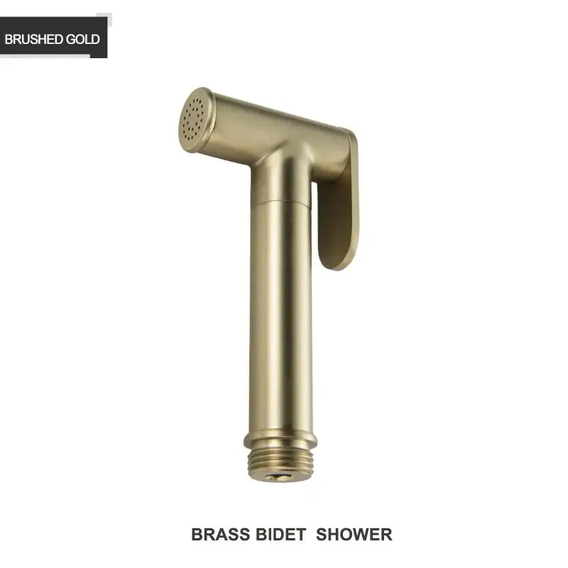 Modern gold brass bidet shower head with double valve featuring a sleek design and perforated nozzle for bathroom use