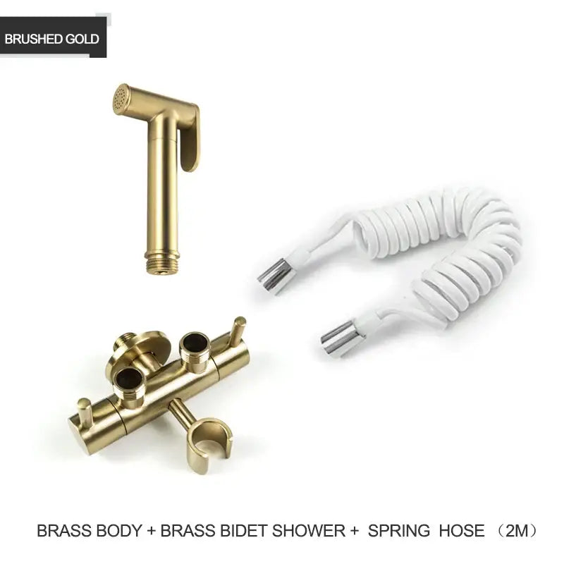Modern gold brass bidet shower head with double valve and brushed gold brass design featuring a spring hose