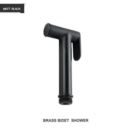 Matte black brass bidet shower head with sleek curved nozzle and double valve for modern bathroom use