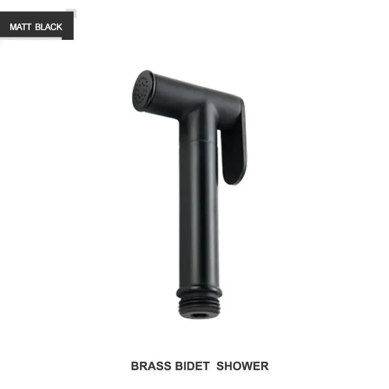 Matte black brass bidet shower head with sleek curved nozzle and double valve for modern bathroom use