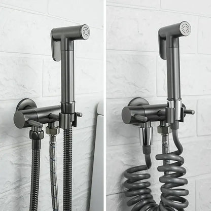 Modern gold brass bidet shower head with double valve featuring a black matte wall-mounted bidet shower with chrome accents