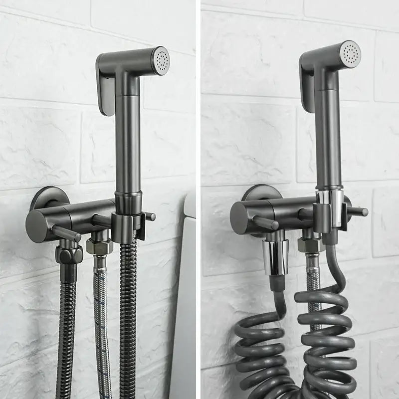 Modern gold brass bidet shower head with double valve featuring a black matte wall-mounted bidet shower with chrome accents