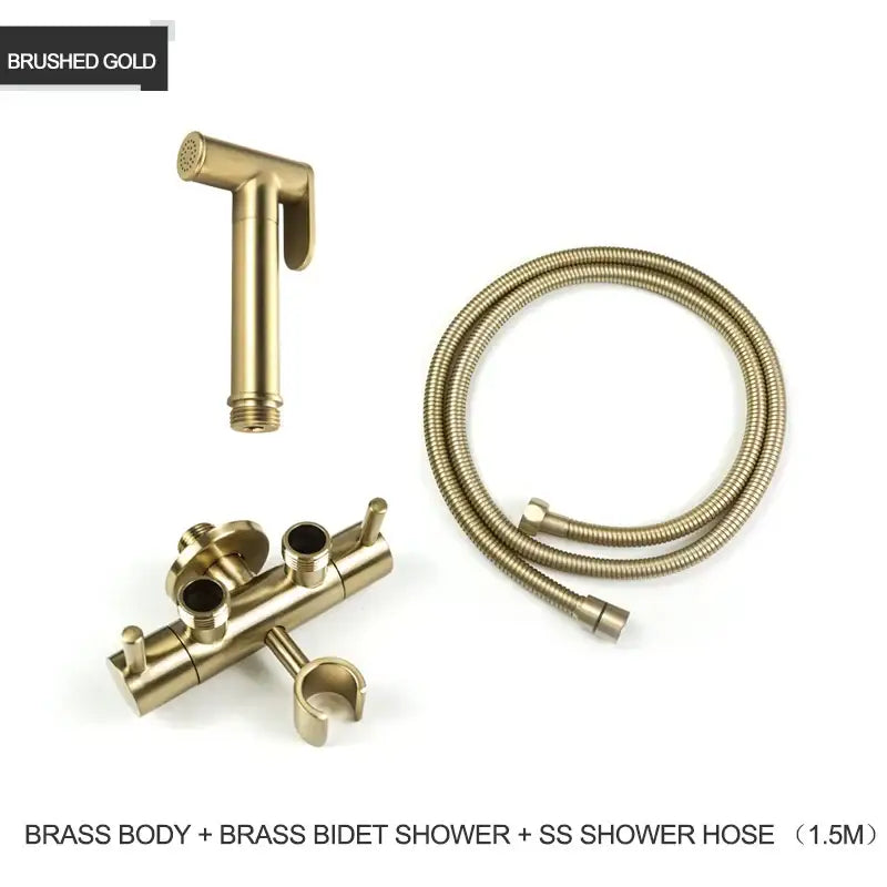 Modern gold brass bidet shower head with double valve and coiled stainless steel hose for bathroom use