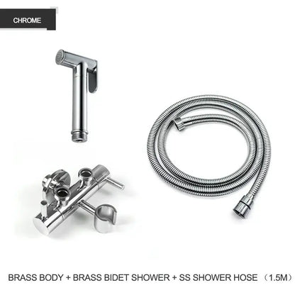 Modern gold brass bidet shower head with double valve and chrome finish featuring matching stainless steel hose for bathroom use