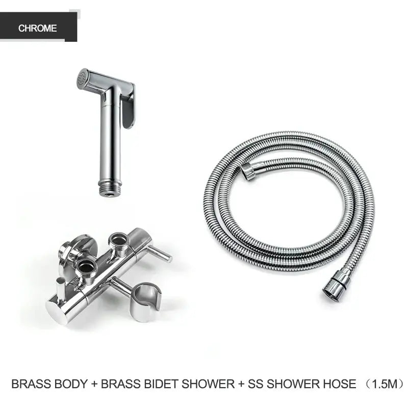 Modern gold brass bidet shower head with double valve and chrome finish featuring matching stainless steel hose for bathroom use
