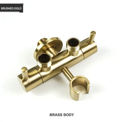 Brushed gold brass bidet shower head with double valve dual handles and integrated hose holder for bathroom use
