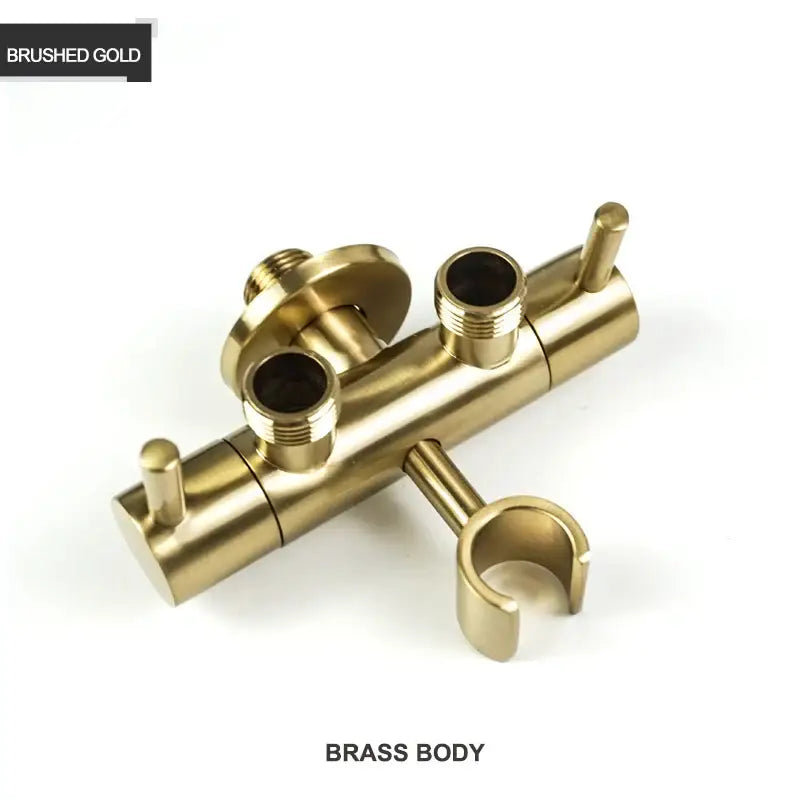 Brushed gold brass bidet shower head with double valve dual handles and integrated hose holder for bathroom use