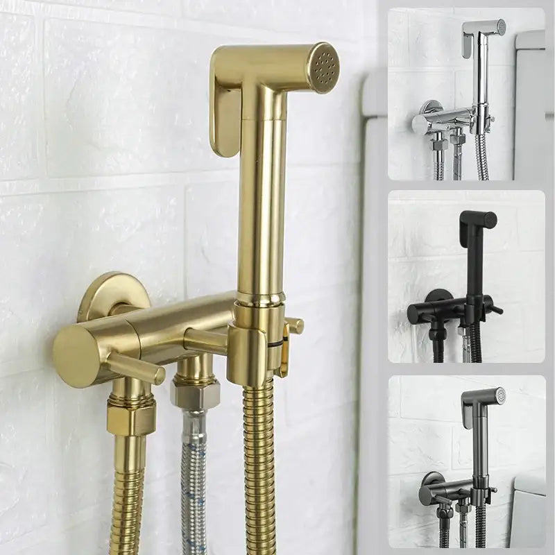 Modern gold brass bidet shower head with double valve featuring a sleek spray nozzle and flexible hose for bathroom use